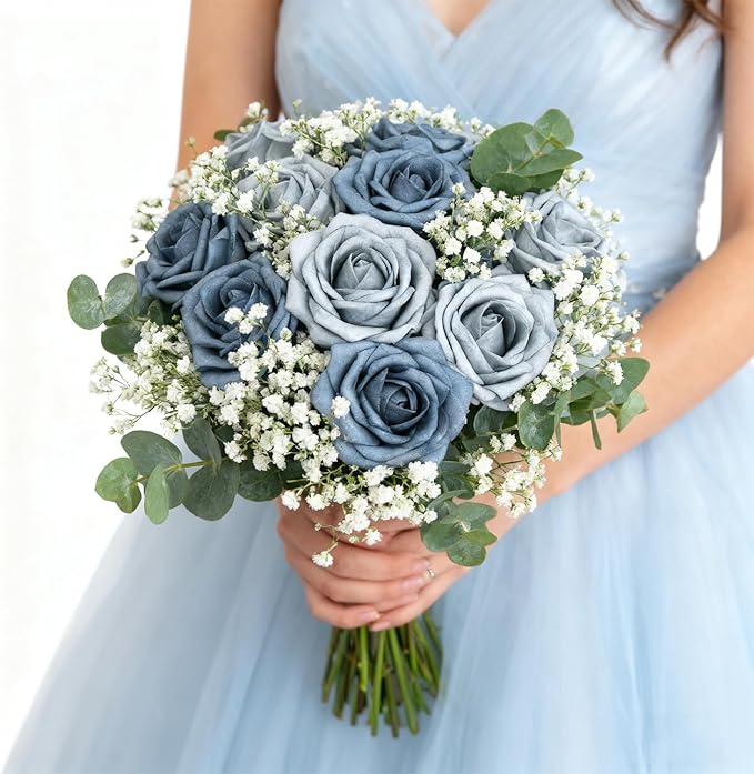 Artificial Flowers Foam Fake Roses 25pcs Series Blue Colors Roses with Stems for Home Decor DIY Wedding Bouquets Party Bridal Shower Centerpieces Faux Flower Arrangements Tables Decorations