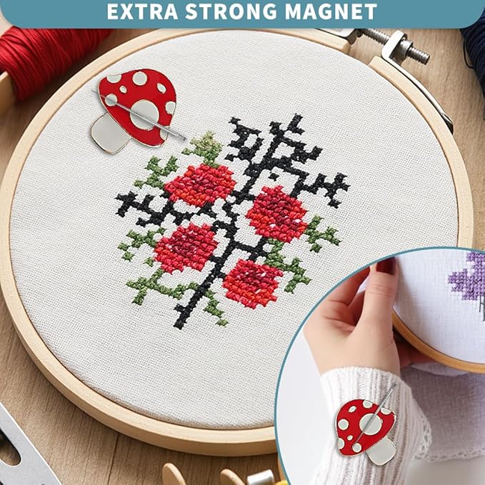 Magnetic Needle Minder Magnet Embroidery Accessories and Supplies Embroidery Needle Holder Cross Stitch Holder Needlework Supplies (Cardinal) (Mushroom)