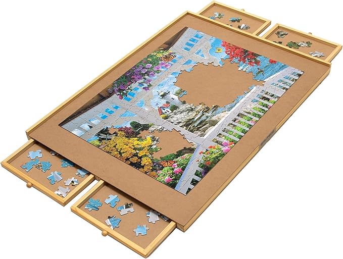 Bits and Pieces Puzzle Board with Drawers – 1500 Piece Jigsaw Puzzle Table Organizer – Premium Wooden Puzzle Board for Adults, 26"x35" Smooth Non-Slip Surface, Portable Puzzle Table with Sorting Trays