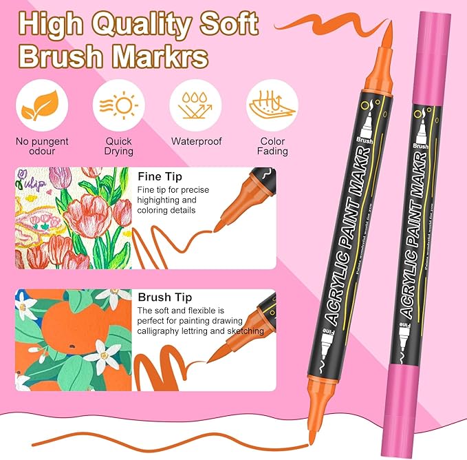 144 Colors Dual Tip Acrylic Paint Markers，Waterproof, Non-Toxic, Odorless Acrylic Markers Pens，Paint Pens & Paint Markers for Rock, Wood, Glass, Stone, Canvas, Ceramic, Fabric and Paper Painting
