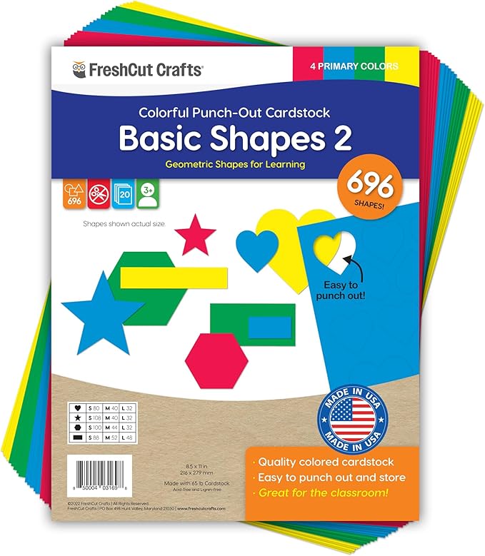 Basic Shapes 2: Hearts, Stars, Hexagons, Rectangles, 696 Pieces US Made Card Stock Punch Out Geometric Shapes in 3 Sizes and 4 Primary Colors for Math, Pattern Play and DIY Crafting
