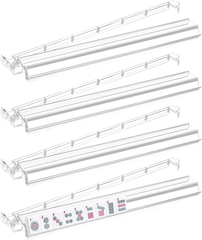 Mahjong Racks with Pushers Set of 4, Mahjong Tile Pushers and Racks, Acrylic Majiang Tile Holders Accessories (Clear)