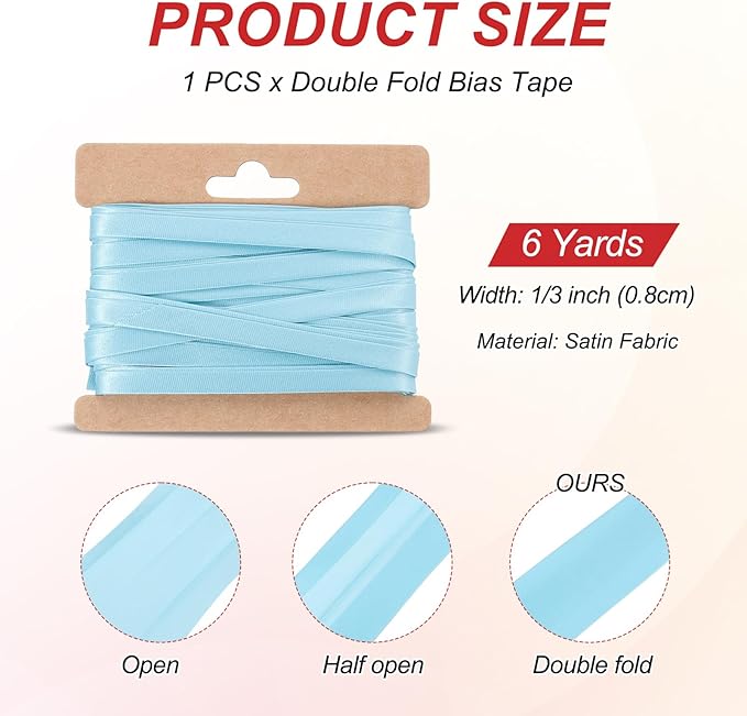 MECCANIXITY Double Fold Bias Tape for Sewing 1/3 Inch x 6 Yards Satin Pre-fold Continuous Binding Tape for Seaming Quilting Hemming Binding DIY Crafts, Sky Blue