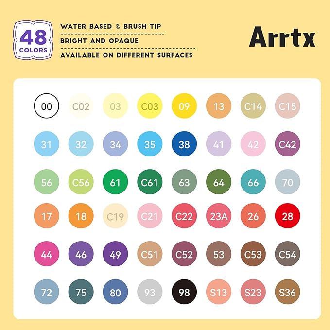 Arrtx 48 Colors Acrylic Marker, for Rock Painting, Extra Brush Tip Markers Paint Pens, Art Supplies, Fabric Paint, Art Markers, Waterproof Paint DIY Crafts Making& 48E