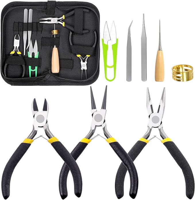 Glarks 8Pcs Jewelry Making Pliers Tools Kit includes Needle Nose Pliers, Wire Cutters, Wooden Awl, Tweezers, thimble ring, U-shape Scissors for Jewelry Making, Repair and Beading