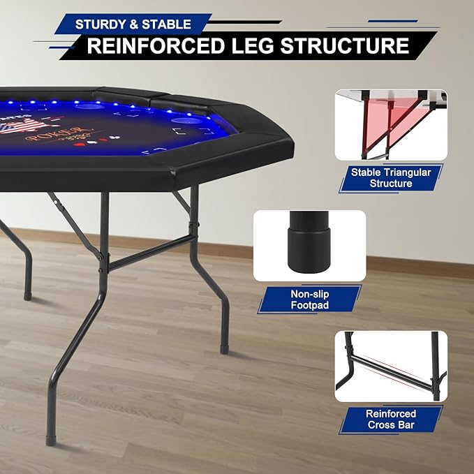 LED Poker Table Foldable, Octagon Casino Leisure Gamimg Table for 8 Player, Folding Texas Holdem Blackjack Table w/Built-in LED Light, Padded Rails & Cup Holders for Home Game Room