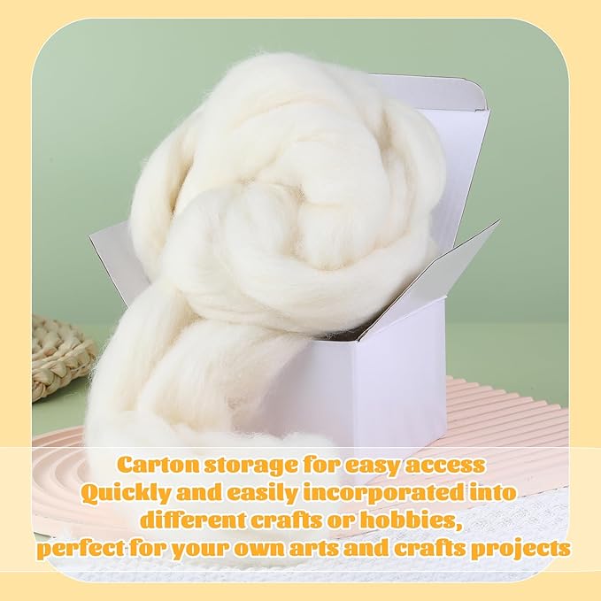3.53oz Wool Roving Yarn, Fiber Roving Wool Top, Needle Felting Supplies, Pure Wools, Chunky Yarn, Spinning Wools for Needle Felting Wet DIY Hand Spinning (Natural White)