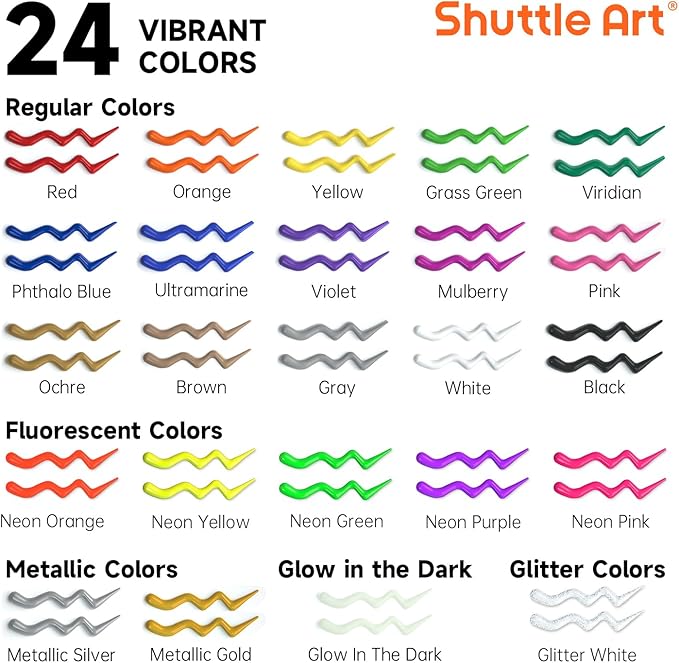 Shuttle Art Fabric Paint, 24 Colors 3D Permanent Paint with Brushes Palette Pen Fabric Sheet Stencils, Glow in The Dark, Glitter, Metallic Colors for Textile Fabric T-shirt Jeans Glass