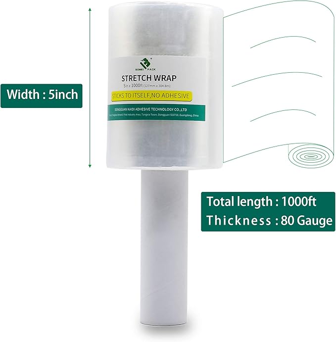 BOMEI PACK Industrial Mini Clear Stretch Wrap with Handle 5" 1000ft 80 Gauge for Pallet Wrap, Durable Self-Adhering Plastic Wrap for Packing, Moving, Heavy Duty (4)
