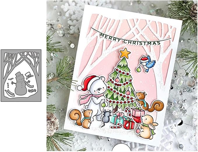 Cutting Dies Metal Stencils Scrapbooking Tools Flowers Lace Frame DIY Embossing Template for Paper Card Making Album Arts Crafts Supplies (Snowman Jungle Frame-11.1x14.2cm)