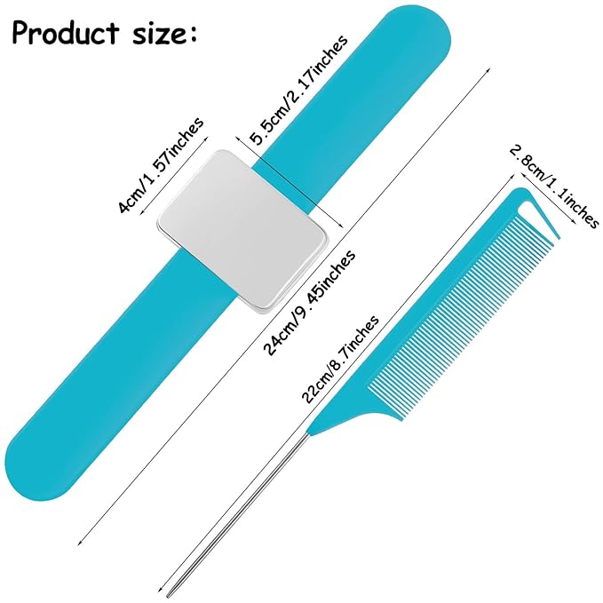 WILLBOND Magnetic Wrist Sewing Pincushion Wrist Magnetic Pin Holder Wristband Pin Cushion Holder with 3 Pcs Stainless Steel Pintail Comb Rat Tail Comb for Hair Clips Hand Sewing(Blue)