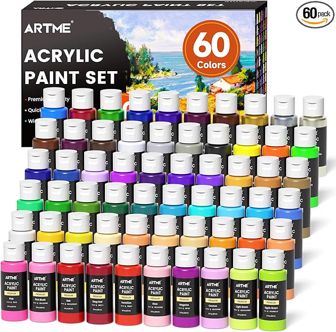 ARTME Acrylic Paint Set, 60 Colors in 2oz/60ml Bottles, Non Toxic, Waterproof, Rich Pigments Acrylic Paint for Artists, Students, Beginners Painting on Rocks Canvas Wood Clay Fabric Ceramic Crafts