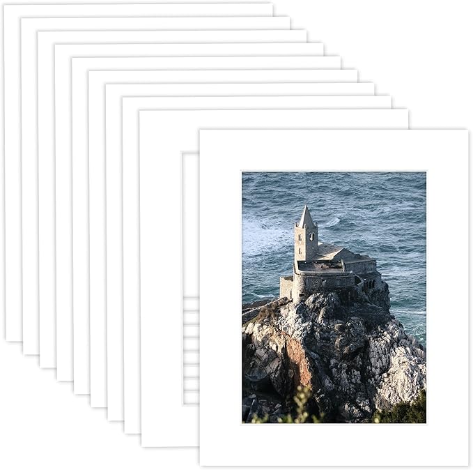MBC Mat Board Center, 10 Pack 8x10 for 6x8 White Picture Mats Frame Mattes, Bevel Cut, Acid Free, 4-ply Thickness