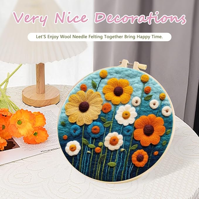 yesJRL Needle Felting Kits Beginners, Natural Landscape DIY Wool Needle Felting Starter Kit, Floral Needle Felt Set with Foam Pad, Felt Cloth and Instructions, Used for Home Decoration (Pink)