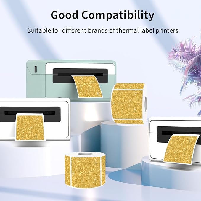 Square Thermal Labels Stickers 2" x 2", Holographic Thermal Stickers Labels, Waterproof Glitter Direct Thermal Printer Label for Small Business- Holographic Gold