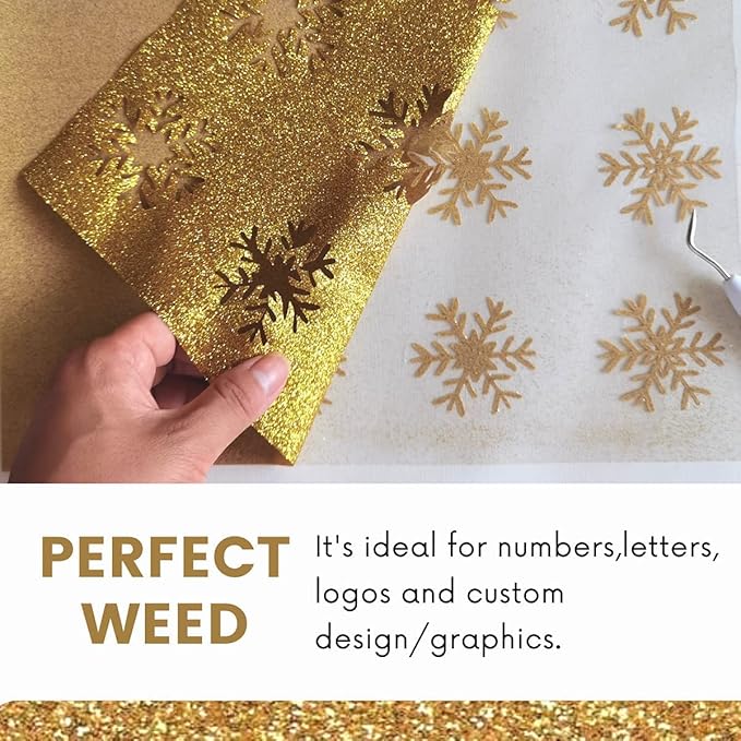 Gold Glitter HTV Heat Transfer Vinyl Bundle 8 sheets-12 x12 Iron on Vinyl for T Shirts Hats Clothing Compatible with Cricut Cameo Heat Press Machine