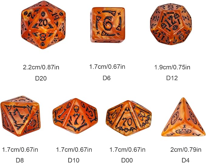 7-Die DND Dice Set Halloween Pattern Polyhedral Die Set with Leather Bag, Skull Dice D&D Die for RPG Table Games (Halloween Pattern-Orange/Black Number)