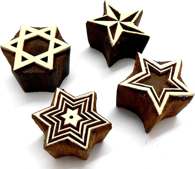 Shining Four Stars Wooden Blocks Stamps for Printing on Textiles, Pottery Crafts,Henna, Scrapbooking (Set of 4)