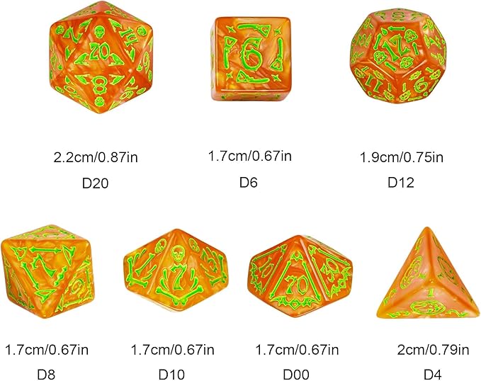 7-Die DND Dice Set Halloween Pattern Polyhedral Die Set with Leather Bag, Skull Dice D&D Die for RPG Table Games(Halloween Pattern-Orange/Green Number)