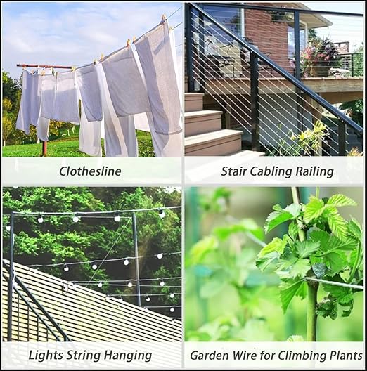 1/8 Inch Stainless Steel Wire Rope Kit, 7x7 Strands, 165 ft Length, With Cable Cutters, Sleeves, Thimbles, Clips, For Climbing Plants, Deck Railing, Fencing, Outdoor Hanging