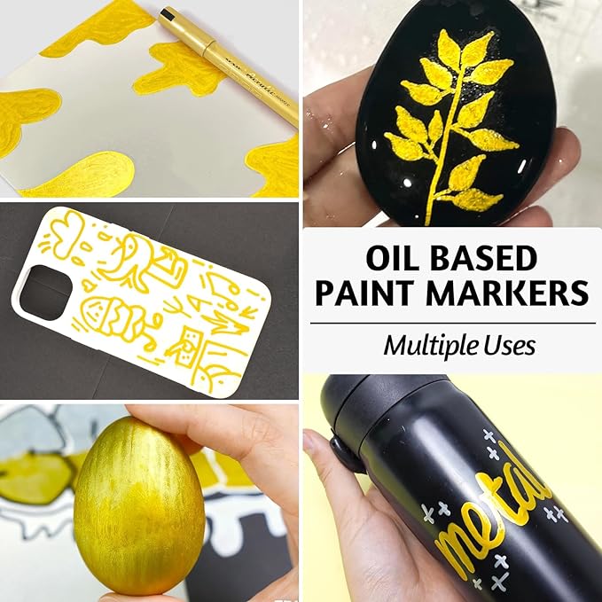 SFAIH Acrylic Gold Paint Pens - 8 Pack 2-3MM Medium Tip & 0.7MM Extra Fine Gold Markers Permanent for Rock, Wood, Metal, Fabric, Plastic, Glass, Ceramic, Diy Crafts, Large Ink Capacity, High Coverage