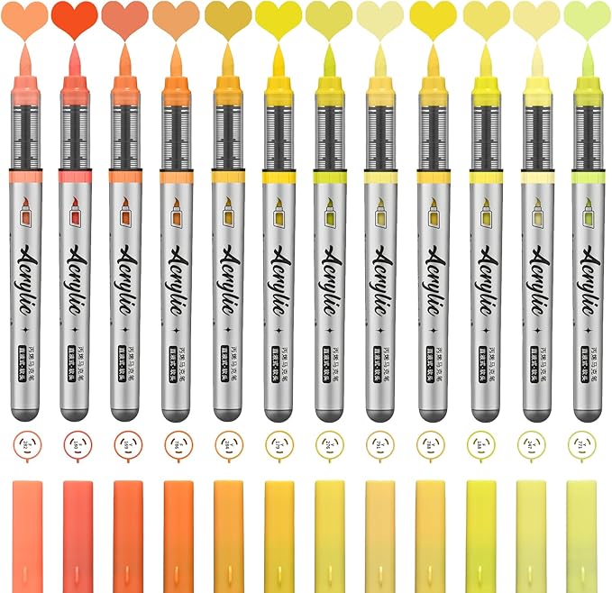 Yellow Orange Acrylic Paint Pens,12 Color Paint Pens Markers,Brush Tip Paint Pens for Rock Painting Wood Glass Ceramic Canvas Stone DIY Crafts Making Art Supplies