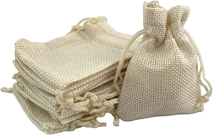 Palmhomee Pack Of 25 Burlap Gift Bags with Drawstring Linen Jewelry Pouches Wedding Hessian Jute Bags for Birthday Jewelry and Treat Pouches Party Wedding Favors Gift Art and DIY Craft   (3.6x4.8 Inch, Cream)