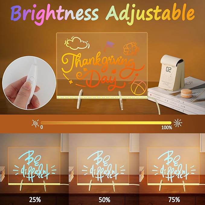 Led Note Board with 7 Colors, 13.8“X10” Lumiboard Led Drawing Board for Kids, 4 Modes Acrylic Dry Erase Board with Light, Glow Rewritable Message Board with Stand, Include 7 Markers, Hanging Chain