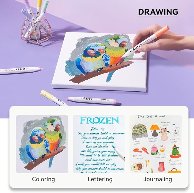 Arrtx 60 Colors Paint Markers Pens, Acrylic Paint Pens for Artists Adults Coloring Drawing Cartoon Anime Comic - Brush Tip for Rock Painting, Wood, Canvas, DIY Crafts Making Art Supplies-60B