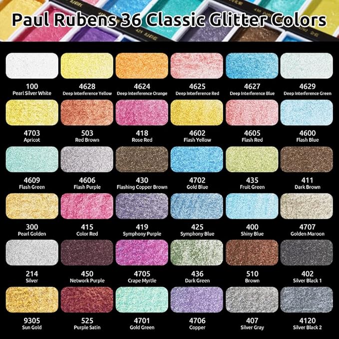 Paul Rubens Watercolor Paint Set, 36 Classical Glittery Colors Solid Paints, Strong Coverage, Good Lightfastness, Ideal for Illustrators, Artists, Painters, Students