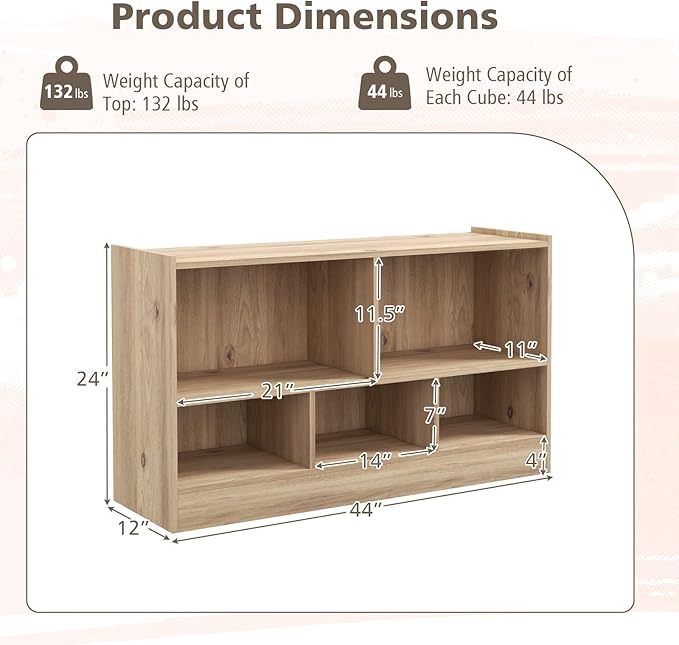 KOTEK Kids Storage Organizer, 5 Cubby Kids Bookshelf, Wooden 2-Layer Bookcase Storage Cabinet, Toy Shelf for Daycare, Nursery, School Classroom, Playroom, Living Room & Bedroom (Natural, 5 Cubes)