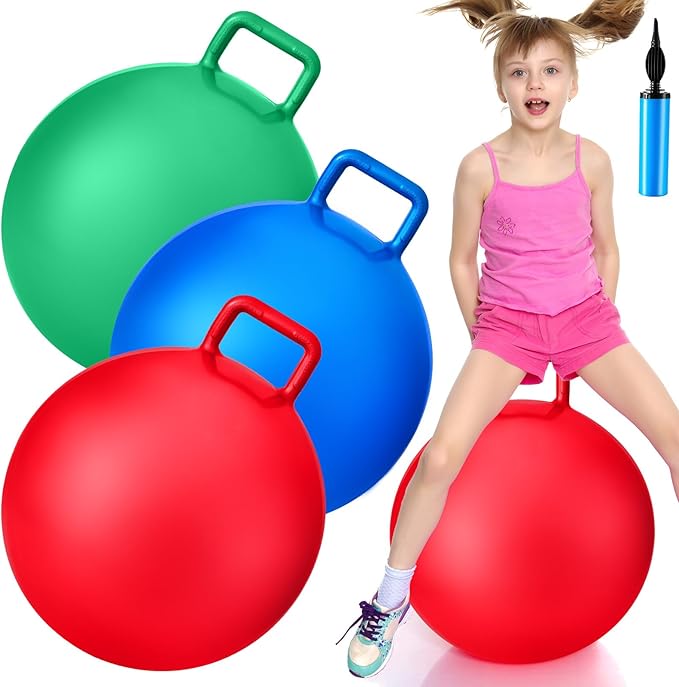 Lewtemi 3 Pcs 20 Inch Bouncing Ball with Handle, Outdoors Hopper Jumping Hopping Ball and Air Pump for Sports Exercise (Red, Blue, Green)