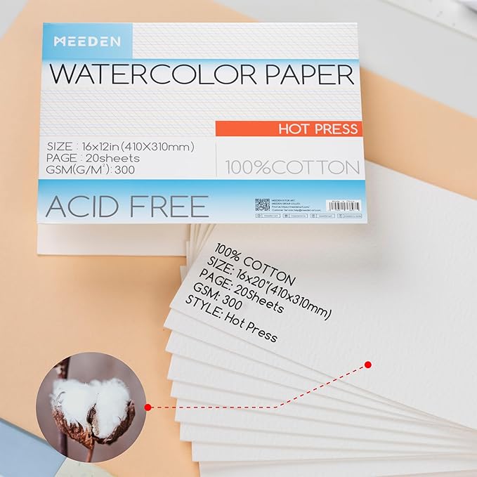MEEDEN Watercolor Paper Block - 100% Cotton Watercolor Paper Pad of 20 Sheets, 140lb/300gsm, Acid-Free Art Paper for Watercolor, Gouache, Ink and More, 16" x 12" Hot Press