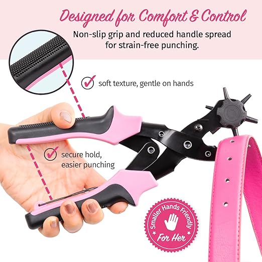 Precision Leather Hole Punch Tool, Best for Belts, Fabric, Leather (Up to 5mm Thick), Multi-Size Puncher for DIY, Craft & Home Projects, Comfortable for Smaller Hands with Reduced Handle Spread, Pink
