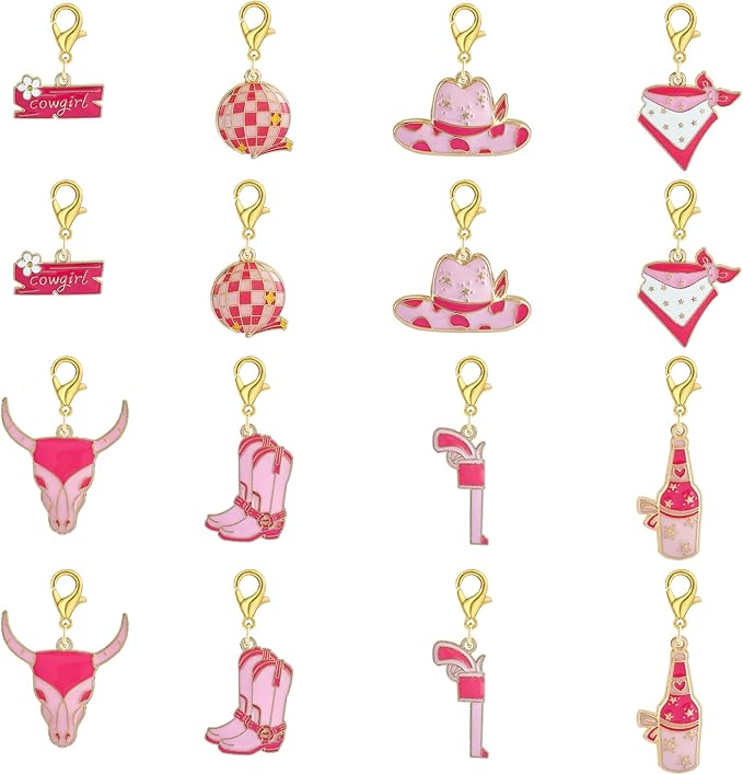 BEEFLYING 16Pcs Cowgirl Stitch Marker Charms for Crocheting and Knitting, 8 Styles Locking Pink Enemal Crochet Knit Stitch Marker Pendant with Leverback Clasp for Knitting Crocheting Accessories