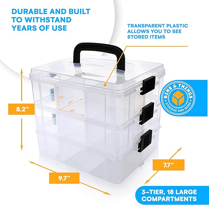 Bins & Things Clear 3-Tier Stackable Storage Containers with Lids - 18 Adjustable Compartments for Bead - Organizing Drawers for Jewelry, Kids Toys, Makeup