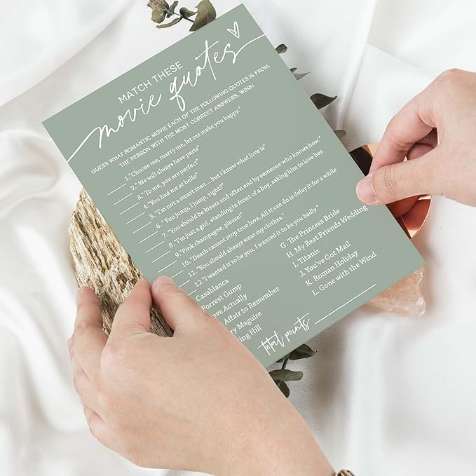 Bridal Shower Games Cards, Match These Movie Quotes, 25 Game Cards with 1 Answer Card, Engagement Party Wedding Games for Guests, Minimalist Green Wedding Party Supplies - C09