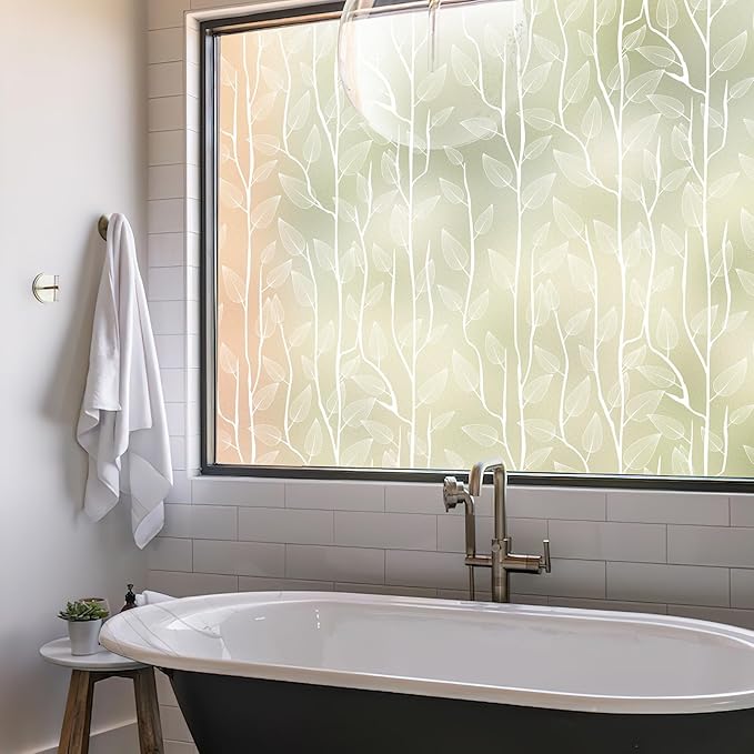 DKTIE Nordic Leaves Window Privacy Film Decorative Stained Glass Sun Blocking Heat Control with Free Installation Tools, Privacy Window Film Day and Night (White, 17.7'' x 78.7'')