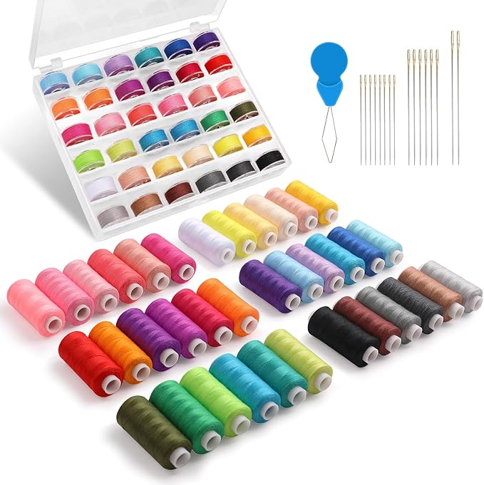 Auvitaya 72pcs Bobbins Sewing Thread Kits, 36 Colors 400 Yards per Spool Polyester Threads with Needles & Threader, Prewound Bobbin Set for Hand and Machine Sewing, DIY and Home