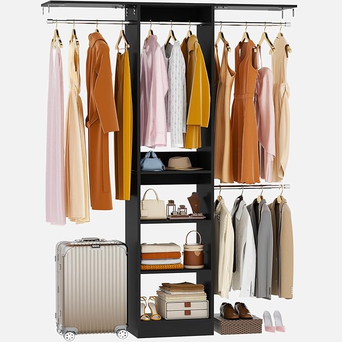 48" Small Closet Organizer, 4FT Small Closet System with 4 Closet Rods & 3 Shelves, 80"H Small Closet Organizers and Storage for Small Bedooms, Cloakrooms, Laundry Rooms, Black