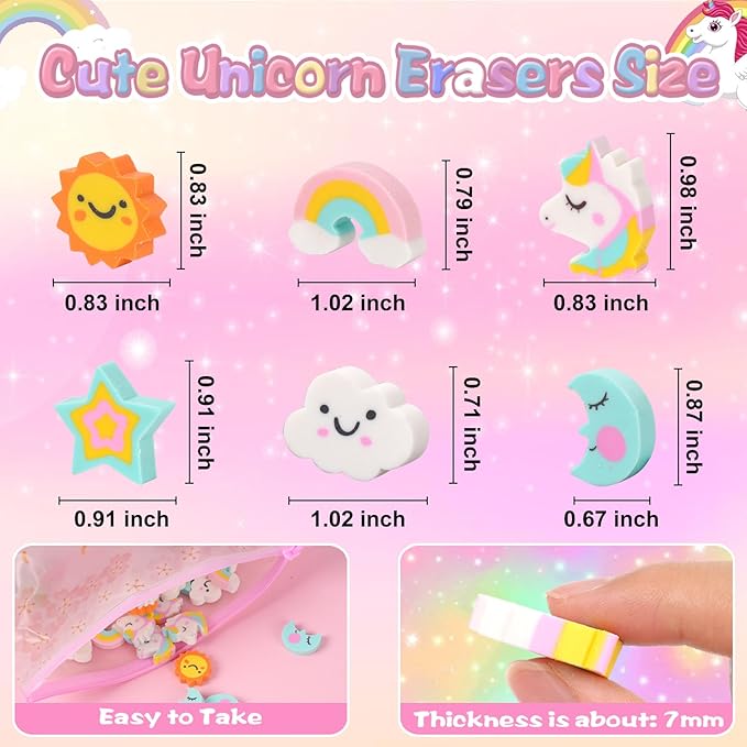 Wolpoark Christmas Unicorn Erasers for Kids 48pcs Bulk Rainbow Moon Star Cute Novelty Pencil Erasers for Thanksgiving Girls Student Ofiice Back to School Supplies Classroom Prizes Party Favors