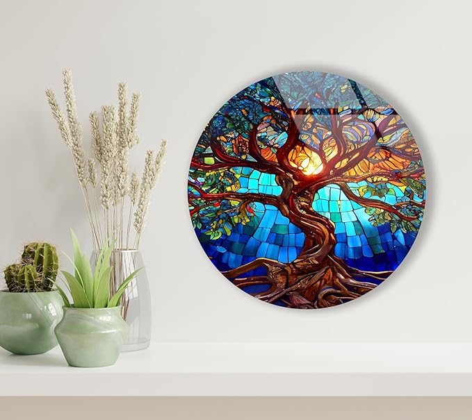 My Photostation.com 20Wx14H'' Stained Blue Life of Tree Glass Wall ArtTempered Glass Printing Wall Decor Large Wall Art Wall Hangings