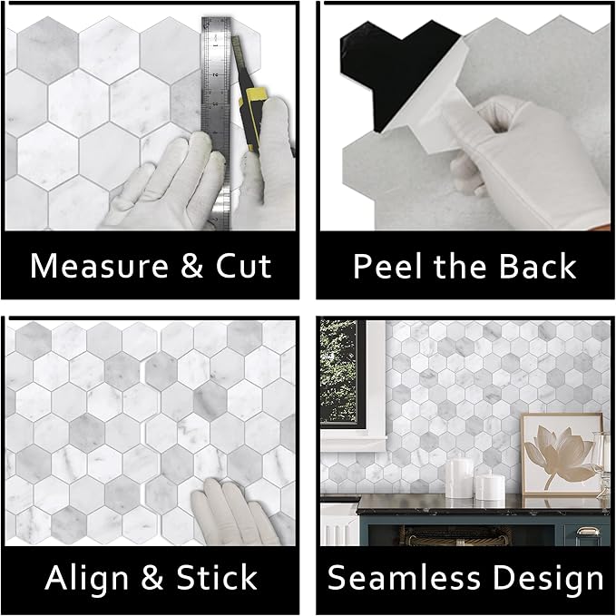 The Tiles Plaza 10-Sheet Peel and Stick Backsplash, Carrara White Hexagon Stone Composite Marble Looks Self Adhesive Wall Tile, Stick On Tiles for Kitchen Bathroom Shower, Cover 9 Sq Ft.