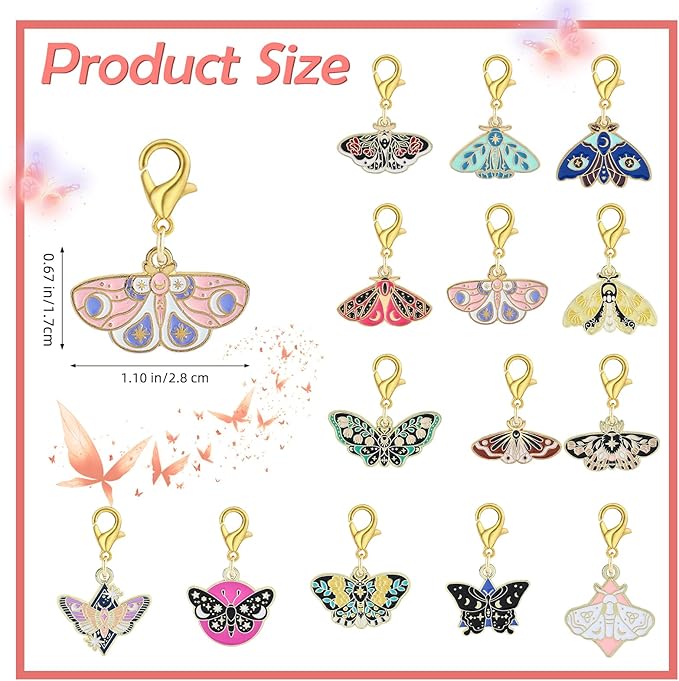 BEEFLYING 16Pcs Butterfly Stitch Marker Charms for Crocheting and Knitting, Removable Alloy Enemal Crochet Knit Stitch Marker Pendant with Lobster Clasp for Sewing Quilting Handmade Jewelry