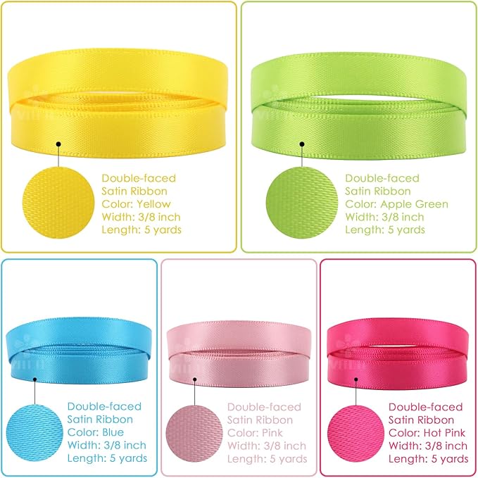MEEDEE Rainbow Ribbon Solid Color Assortment 10 Colors Double Face Satin Ribbon for Gift Wrapping Happy Birthday Party Decorations, 3/8" X 5 Yard Each Total 50 Yds Per Package