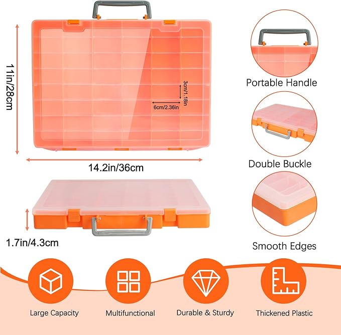 Bluedale 2 Pack 48 Grids Large Plastic Organizer Box with Adjustable Dividers, Beads Storage Containers Compartment Tackle Box Case for Crafts Hobby Small Parts Fishing Seeds Jewelry (Orange)