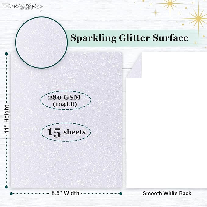 Cardstock Warehouse Diamond Print Inkjet Glitter - Premium White Glitter Cardstock Paper – 15 Sheets, 8.5 x 11" - 104 lb/280 GSM for Inkjet Printing, Die-Cutting, Card Making, Crafts, and DIY Projects