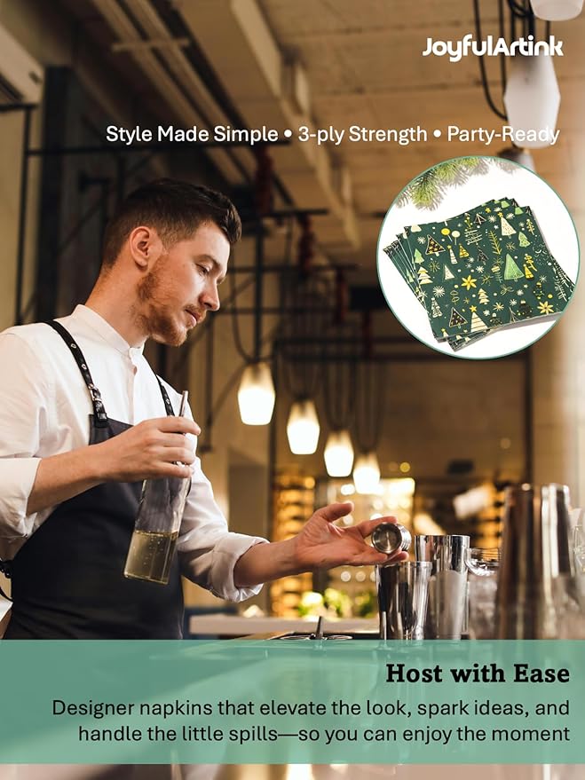 Premium Designer Paper Napkins, 3-Ply 6.5 x 6.5-inches Fold Disposable Decorative Winter Guest Christmas Holly Green Festive New Year Tree Party Lunch Dinner Napkin (20, Festive Green)