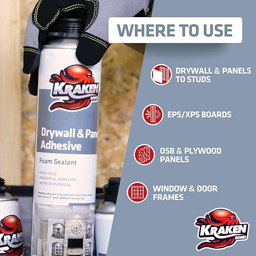 KRAKEN BOND Drywall & Panel Adhesive Foam - (2X24oz) Heavy-Duty, Fast-Curing Construction Adhesive for Concrete, Wood, and Heat Insulation Applications - 2 Pack