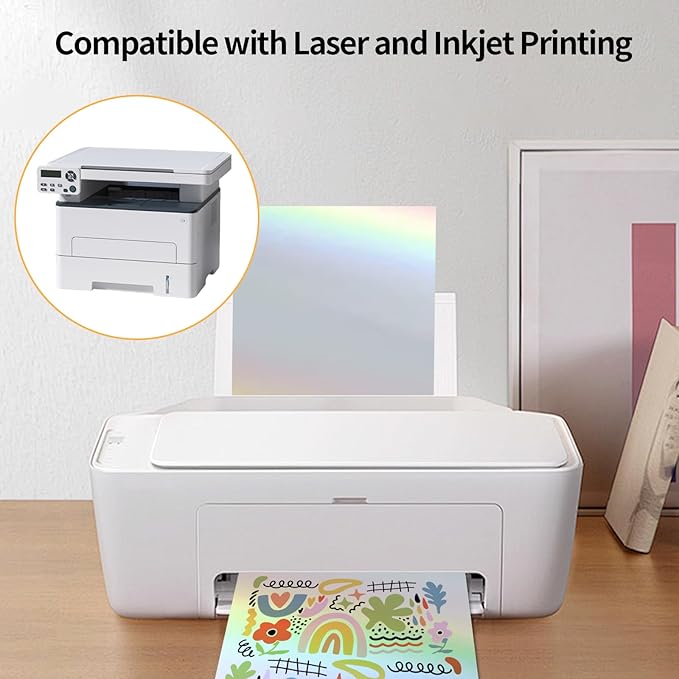Printable Sticker Paper, 20 Sheets Printable Holographic Sticker Paper, Laser/Inkjet Printing- Holographic, Letter Size (8.5" x 11")